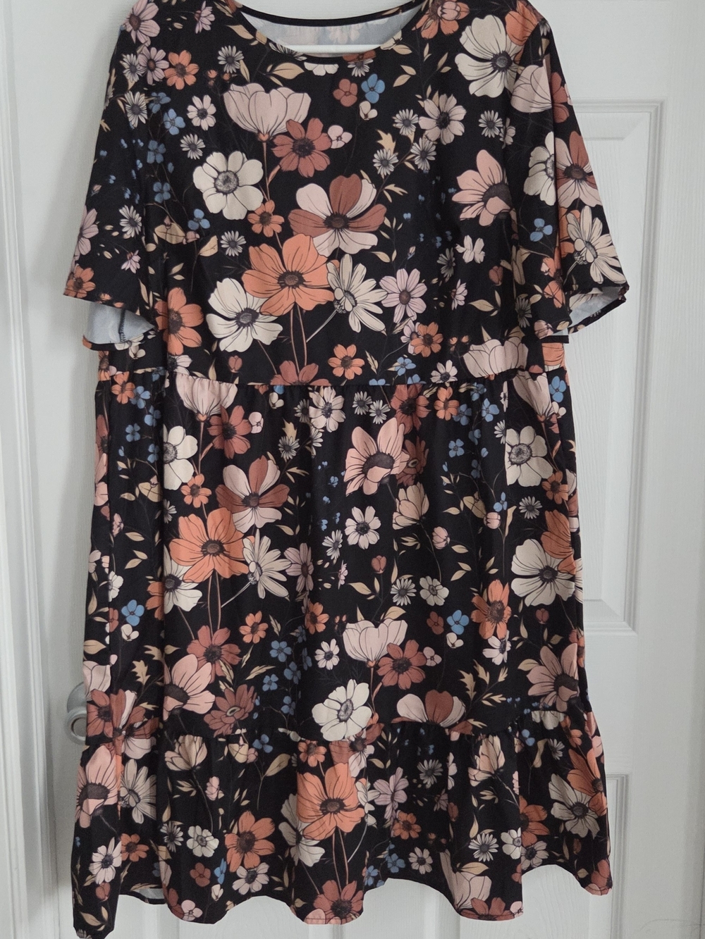 Floral Tiered Maxi Dress in Black with Pink & Coral Flowers